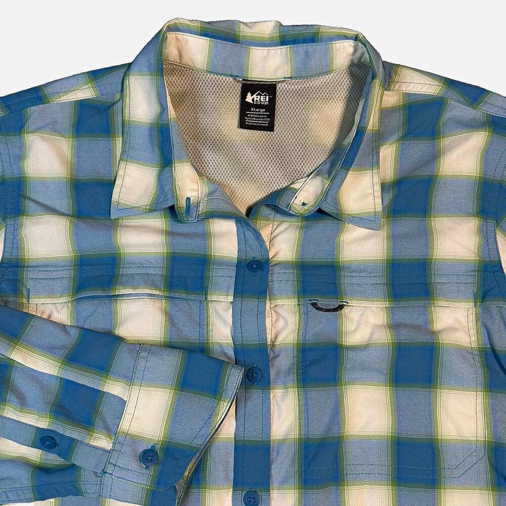 REI Co-op Mens XL Sahara Plaid Hiking Shirt Blue Green Vented Long Sleeve Tech